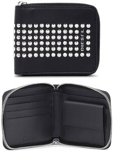 DIESEL ディーゼル ラウンドファスナー小銭入れ付き二つ折り財布 メタルロゴスタッズワイドライン 2つ折り財布ブラック×シルバースタッズアルコーレ レザーウォレットROUND ZIP WALLET ZIPPY HIRESH