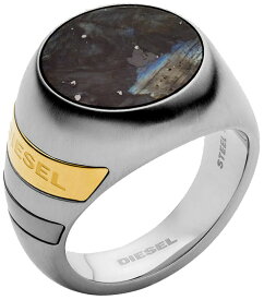 DIESEL ディーゼルメンズ シルバーリングラウンドブラック グレイブゴールドロゴロゴ刻印マルチライン 指輪STAINLESS STEEL ＆ SEMI PRECIOUS RING