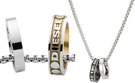 DIESEL ダブルリングネックレスディーゼル ペンダントブラック×立体ロゴ シルバー ゴールドサイディングロゴ指輪チャームトップWリング アクセサリー メンズ レディースブレイブマンロゴボタンエンドチェーンネックレス