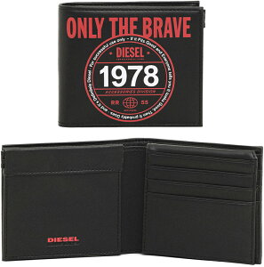 DIESEL ディーゼルメンズ 小銭入れ付き二つ折り財布ブラック×レッドプリントロゴ スリムシルエット 札入れ サイフ ウォレットバネ口金コインポーチ 2つ折り財布ONLY THE BRAVE HIRESHSMC
