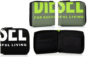 DIESEL ディーゼル小銭入れ付きラウンドファスナー2つ折り財布ブラック×ホワイトロゴ グレーオリーブ×イエローラウンドジップ 二つ折りファスナー折財布ZIPPY HIRESH SMALL MONEY-MONEYWALLET FOR SUCCES