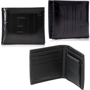 DIESEL ディーゼル メンズ小銭入れ付き2つ折り財布ブラック オーバーエンボスロゴサイフ さいふ コンパクトウォレットボールドメッセージ T8013BK 光沢にロゴが際立つ二つ折り財布