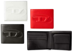 DIESEL ディーゼル小銭入れ付き2つ折り財布ワントーンエンボスDロゴブラック レッド ホワイトオーバルリングフレームコンパクトウォレット立体ロゴ 二つ折り財布 さいふ ミニサイフT8013T4044R