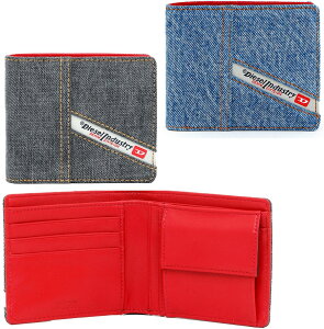 DIESEL ディーゼルメンズ小銭入れ付き二つ折り財布ダークストーングレーウォッシュデニムインディゴブルー カラーブロッキングシグネチャーレッドHIRESH T8013GYP44931410BLWALLETE2つ折財布 サイフ