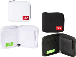 DIESEL 折財布 ディーゼル メンズ小銭入れ付きラウンドファスナー2つ折り財布シグネチャーレッドDロゴパッチホワイト ブラック ミニマルウォレットホワイトD グリーンレーベル 二つ折り財布
