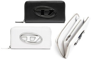 DIESEL ディーゼルL字ファスナー小銭入れ付きラウンドファスナー長財布 ラッカーメタルラウンドDロゴ ブラック ホワイト カウレザーサイフ ラウンドジップウォレット 牛革ROUNDZIP LONG WALLET T100