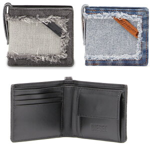 DIESEL ディーゼル小銭入れ付き二つ折り財布ダメージブルーデニム ブラックデニム INDUSTRYレザーパッチ リメイクデザインアッシュブルー2つ折り財布 ループストラップ サイフ コンパクトミニ
