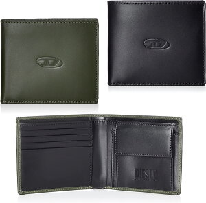 DIESEL ディーゼル エンボスDロゴ小銭入れ付き二つ折り財布ダークグリーン ブラックスムースカーフレザーラバイフォールドウォレット 2つ折り財布HIRESH S2 H2110KH H3778DBKデボスロゴ さいふ サイ
