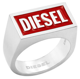 DIESEL ディーゼルメンズ シルバーリング立体レターロゴ スクエアレッド3Dロゴトップグレイブロゴ 指輪ENGRAVED STAINLESS STEEL SIGNET RING