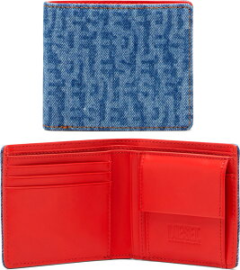 DIESEL ディーゼル メンズ小銭入れ付き2つ折り財布レーザープリントモノグラムイタリアンデニムブル−インサイドレッド エンボスロゴ 二折財布HIRESHS.IiBI-FOLDSMALL H8457DBLREコンパクトウォレッ