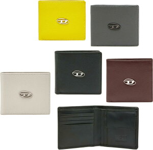 DIESEL ディーゼルメタルオーバルDロゴ小銭入れ付き二つ折り財布型押しレザーブラック ブラウン ダークグレー イエロー グレー2つ折り財布 ファスナーコインポケットバイフォールドウォレ