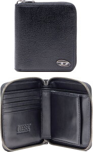 DIESEL ディーゼルラウンドファスナー小銭入れ付き二つ折り財布メタルオーバルDロゴプレート 中財布ブラックテクスチャードレザー楕円プレートロゴ Wallets AROUNDサイフ ジップアラウンドウォ