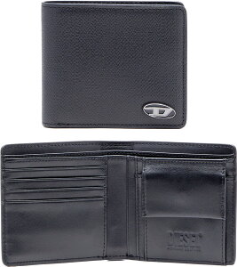 DIESEL ディーゼル小銭入れ付き二つ折り財布メタルオーバルDロゴプレート 中財布ブラックテクスチャードレザー楕円プレートロゴ Walletsサイフ ウォレットインサイドエンボスロゴ T8013COMPACTWAL