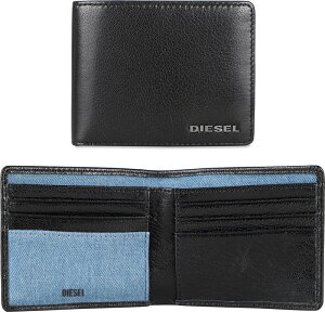 DIESEL ディーゼル 2つ折り財布メタルロゴ シープスキンブラックレザーデニムブルーマテリアルミックスカードポケット二つ折りカードケース 羊革サイフ さいふ カードウォレット 札入れ 小