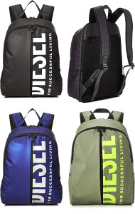 DIESEL リュックサックディーゼル デイバッグ バックパックシルバー ホワイトロゴ フロントセンターファスナーポケット鞄 デイバック ナップサック縦長ジッパー ブラック ブルー オリーブグ