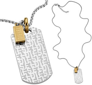 DIESEL ペンダントネックレスディーゼル ドッグタグダブルチャームコンビネーションゴールドロゴ×シルバーギタリズムロゴシルバーチェーンネックレスアクセサリー ステンレススティール