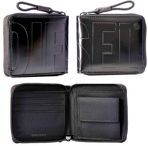 DIESEL ディーゼル 小銭入れ付きラウンドファスナー2つ折り財布オーバーエンボスロゴスライダーストラップ光沢にロゴが際立つ二つ折り財布ボールドメッセージ T8013BKZIPPY HIRESH S2 ROUND WALLETサ