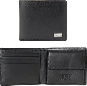 DIESEL ディーゼル メンズ小銭入れ付き二つ折り財布シルバーDロゴプレートブラックレザー インサイドエンボスロゴ デニムディヴィジョンメタルロゴ 2つ折り財布T8013BKD-PLATE Hiresh Small Wallet