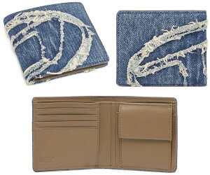 DIESEL ディーゼルメンズ レディース ユニセックスホック小銭入れ付き二つ折り財布ウォッシュドデニムダメージロゴデニムブルー×グレー コンパクトウォレット2つ折り財布 インサイドソリ