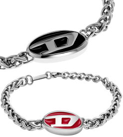 DIESEL ディーゼルチェーンブレスレットレッド ブラック ナメルオーバルDロゴカーブプレートシルバー アクセサリー 男女兼用メンズ レディース アームバンドステンレススチールロブスタークラスプ ラッカー OVALBRACELET