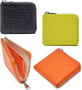 DIESEL ディーゼル メンズ L字ファスナー小銭入れ付き二つ折り財布エンボスモノグラムコンパクトウォレットブラック イエローオレンジ カウレザー 2折りコインケースウォレット立体的に浮