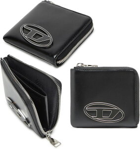 DIESEL ディーゼル メンズ L字ファスナー小銭入れ付き二つ折り財布オーバルDロゴメタルプレートコンパクトウォレット上質ブラックカウレザー2折りコインケースウォレット