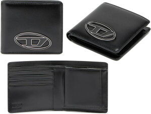 DIESEL ディーゼル メンズ 小銭入れ付き二つ折り財布オーバルDロゴメタルプレートコンパクトウォレットブラックスムースカウレザー2折り財布 WALLE T8013BK