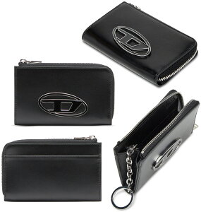 DIESEL ディーゼル メンズキーリング付きL字ファスナーコインケースメタルオーバルDロゴプレートパスケース付き小銭入れキーケースブラックカウレザー 定期入れカードケース付きキーホル