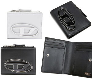 DIESEL ディーゼル レディース メンズファスナー小銭入れ付き二つ折り財布メタルオーバルDプレートロゴブラック ホワイト カウレザーミディアムウォレット 2折り財布 さいふ サイフ 財布