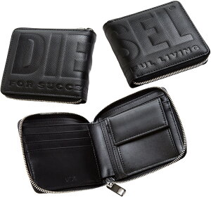 DIESEL ディーゼル 小銭入れ付きオールオーバーエンボスロゴラウンドファスナー二つ折り財布レッド イエロー ブルー ベージュグレー ブラックメンズ ラウンドジップ 2つ折り財布T2176BET6040BL