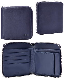 DIESEL ディーゼル メンズ おしゃれラウンドファスナー小銭入れ付き二つ折り財布エンボスフレームロゴ ダークブルーバーティカルラウンドジップウォレット 2折財布コンパクトレザーウォレ