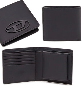 DIESEL ディーゼル メンズおしゃれ 小銭入れ付き二つ折り財布マットブラックスムースプレーンレザー ビッグオーバルDロゴプレートバーティカルコインポケット 楕円Dロゴコンパクトウォレッ