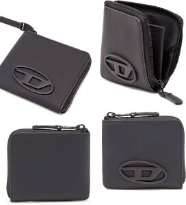 DIESEL ディーゼルメンズ L字ファスナーカードケースおしゃれ 小銭入れ付き二つ折り財布マットブラックスムースプレーンレザービッグオーバルDロゴプレートコインポケット 楕円Dロゴコンパ