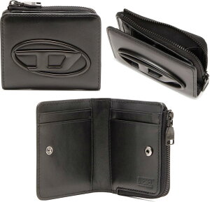 DIESEL ディーゼル メンズL字ファスナー小銭入れ付き二つ折り財布オーバルDロゴプレート ブラックナッパレザーおしゃれ2折りウォレット 楕円プレートHOLIDCARDHOULDERZIPLT8013BK
