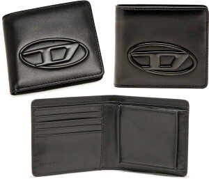 DIESEL ディーゼル メンズ 小銭入れ付き二つ折り財布ブラックオーバルDロゴプレートブラックナッパレザー スクエアボックスコインケースHIRESH SMALL HOLI-D T8013BKさいふ サイフ ウォレット パー