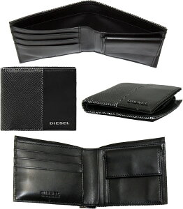 DIESEL ディーゼル メンズ小銭入れ付き二つ折り財布メタルロゴ ブラックマテリアルコンビネーションレザーミックスマテリアル2つ折り財布 サイフ ウォレットCONTRACTION HIRESH S WALLET H3799BK BLACK