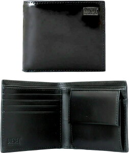DIESEL ディーゼル メンズ小銭入れ付き二つ折り財布スクエアメタルロゴ 2つ折り財布ブラックカーフスキンソフトレザーコンパクトウォレットD-ESSENTIALT8013 BI FOLD COIN S LEATHER GAME HIRESH S WALLET