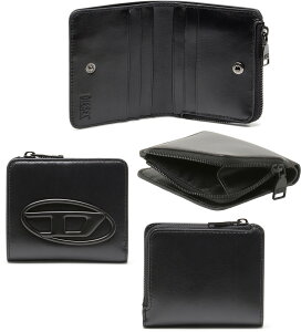DIESEL ディーゼル メンズL字ファスナー小銭入れ付き二つ折り財布ブラックオーバルロゴプレート ブラックナッパレザー楕円型リングDロゴ 2つ折財布コンパクトウォレットHOLI-D BI-FOLD ZIP L T8013B