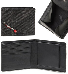 DIESEL ディーゼル メンズボックス小銭入れ付き二つ折り財布ホック小銭入れ ブラックダークウォッシュドデニム スラッシュロゴボックス型コインポケットフォール度コインウォレットレッド