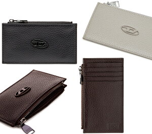 DIESEL ディーゼル メンズ レディース小銭れ付きクレジットカードケース 財布オーバルDロゴプレート ファスナーコインケースフラグメントケース テクスチャードカウレザーブラック グレー