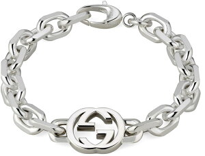 GUCCI グッチ メンズ レディースリンクチェーンブレスレットインターロッキングGプレートロゴシャイニーフィニッシュ スターリングシルバー ダブルGクラスプクロージャーラウンドインター