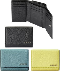 GUCCI グッチ メンズ メタルロゴ小銭入れ付き三つ折り財布ブラック型押しレザーシルバーGUCCIロゴ クラシックレザー グレーブルー クリームグリーンモアレライニング 3つ折りコインウォレット1000AADD84913BL7227YE GUCCI LOGO COIN CASE