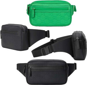 GUCCI グッチ メンズ レディース ベルトバッグGGアイコン オシャレなウエストポーチフロントファスナーポケットボディーバッグ ブラック グリーンGGラバーエフェクトレザー モアレライニン