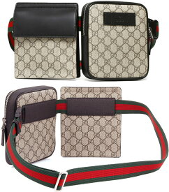 GUCCI グッチ ヒップバッグエンボスロゴレザータグ フロントWポーチファスナー＆フラップポシェットベージュ×ダークブラウン ウェブラインベルトウエストポーチ ボディーバッグブラックレザートリム 9768BEDBRGGスプリームキャンバス