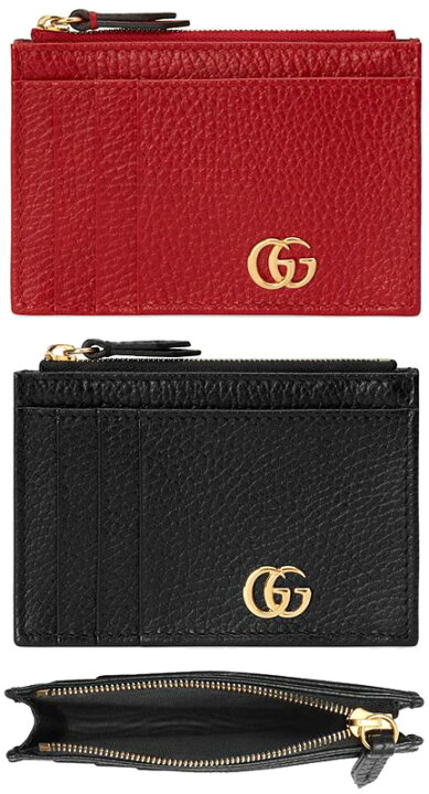 GUCCI グッチ小銭入れ付きカードケースダブルGロゴ 型押しカーフレザーコインケース クパスケースゴールドGGマーモントロゴブラック  ハイビスカスレッド 名刺入れ 名刺ケース 定期入れ1000BK6433REMARMONT モアレライニング kaminorth