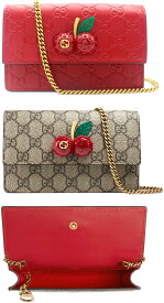 GUCCI グッチGGロゴクリスタルチェリーチェーンミニショルダーバッグさくらんぼチャームベージュ×ハイビスカスレッドレザートリムグッチシマレッド カラビナチェーンフック付きミニショルダーバッグGGスプリームキャンバス 8694BERE 0G6ET6483RE