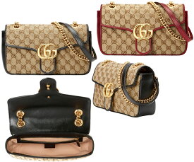 GUCCI グッチ ショルダーバッグGGキャンバス×GGマーモントベージュ×ダークブラウンダイアゴナルキルティングブラック レッド レザートリムメッセンジャーバッグ クロスボディバッグダブルGGゴールド 9772BK8561REフラップ バック 鞄