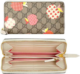 GUCCI グッチ GGアップルプリント小銭入付きラウンドファスナー長財布ベージュ×ダークブラウン×ホワイトハートリンゴプリント 紙幣＆コインケース付きGG柄レポムジップウォレット 9799BEWHピンク レッド イエロージップアラウンドロングウォレット