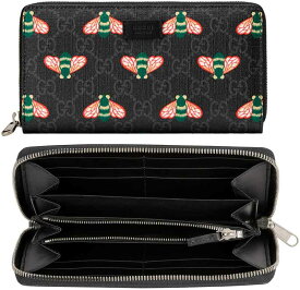 GUCCI グッチ小銭入れ付きラウンドファスナー長財布 蜂ビープリントグッチッシマレザー 牛革ブラックGGスプリームキャンバスブラック レザー トリム ヴィスコース ライニングダークグレー ベスティアリージップウォレット ハチ サイフ 1058DGY