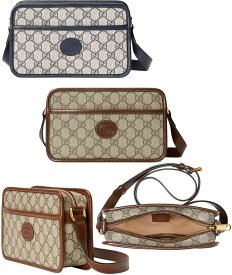 GUCCI グッチ ショルダーバッグインターロッキングG エンボスロゴレザーパッチGGスプリームキャンバス×レザーミニポシェット 斜め掛け オーバルレザータグベージュ×ブラウン ×ネイビースクエアGG鞄 レザートリム PVCコーティング 8563BEK9GSN4075NV